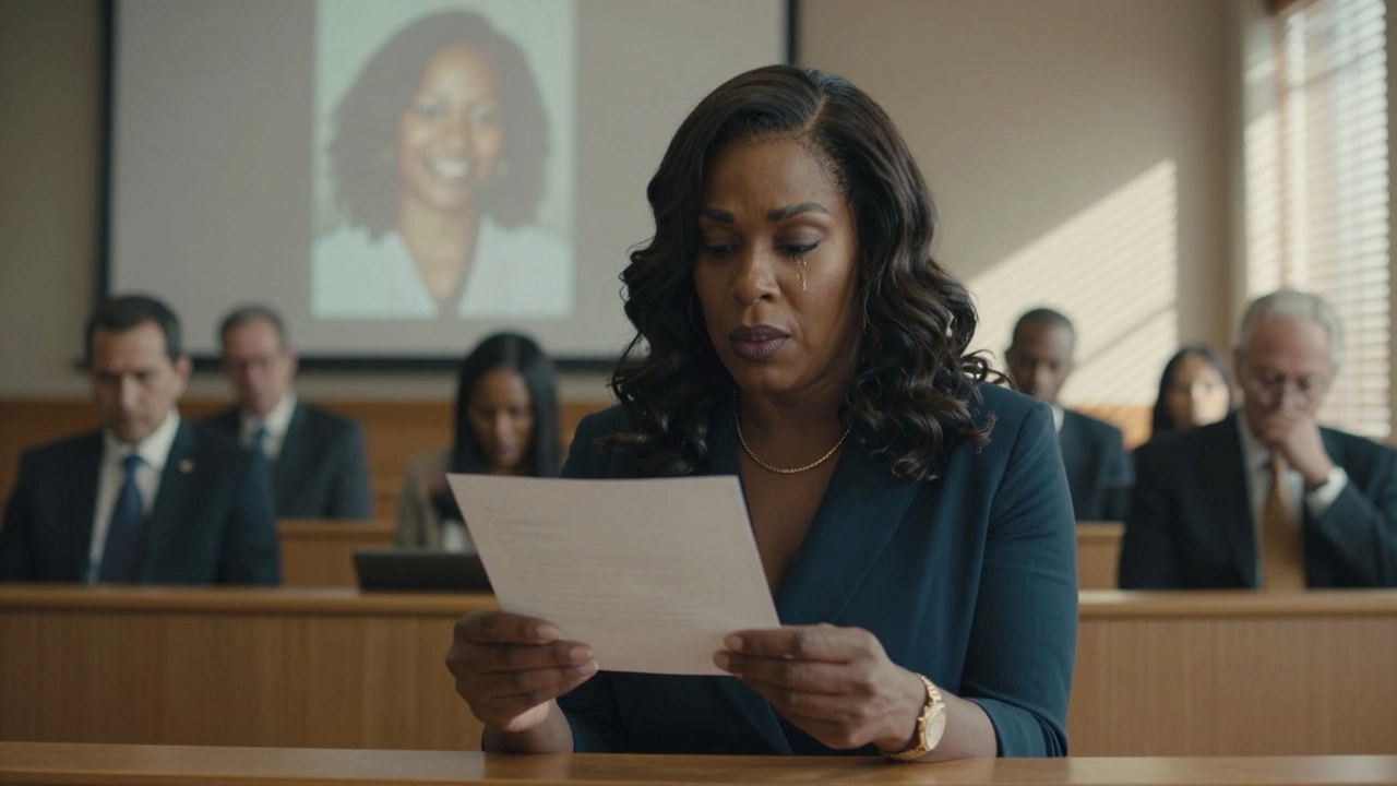 A trans woman reads a heartfelt letter at a council meeting, her mother&#039;s photo projected behind her as others weep.