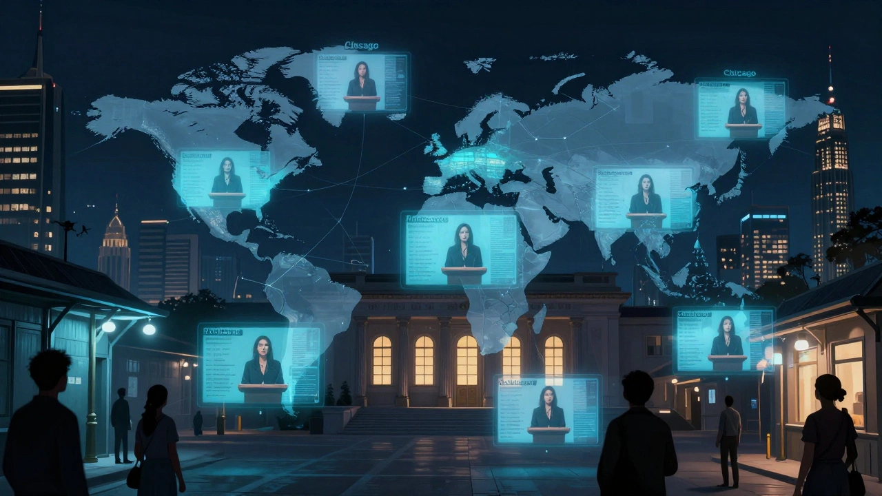 Glowing city halls around the world connected by a shared speech, with shadowed figures in distant cities looking on.