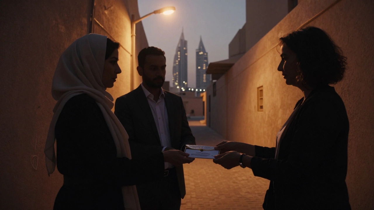 Three shadowy figures exchange an envelope in a quiet Dubai alley at dusk, lit by a flickering lamp.